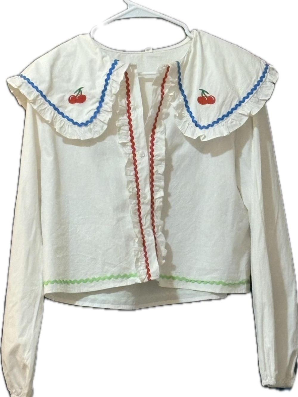 White Ruffle Cherry Collar Blouse with Colorful Rickrack